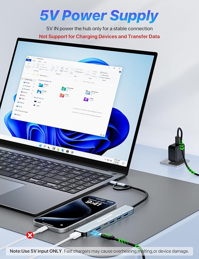 ONFINIO USB C/USB Hub Multiport Adapter,7 in 1 Aluminum USB 3.0 Hub with 1 *USB 3.0, 4*USB 2.0,1*USB C and 1 * 5IN Power Port for PC/Laptop/MacBook/iPad Pro and More Devices