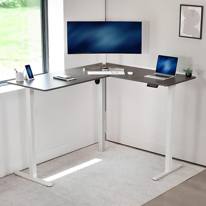 VIVO Electric Corner 63 x 55 inch L-Shaped Standing Desk, Memory Height Adjustment, Dark Gray Top White Frame, DESK-E3CTWG