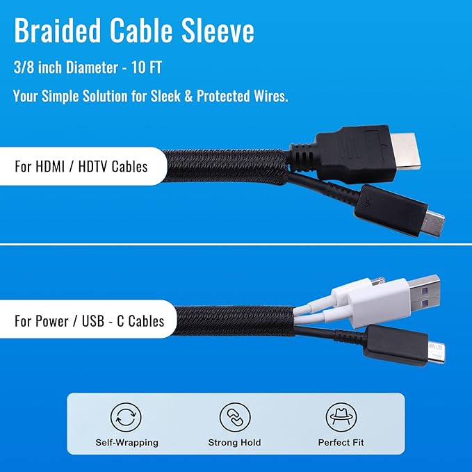Flauzmann 3/8" Braided Cable Sleeve - 10Ft Cat Cord Protector Split Wire Loom Tubing Flexible Self Wrapping for USB, Audio, Automotive Cord, Dog Chew Proof Cable Protector - Black