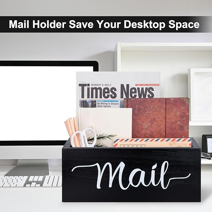 Lucundm Desk Mail Organizer, Mail Organizer Countertop with 3 Slots, Wood Desk Mail Storage Box, Envelop Holder for Home Office (Black-3 Slot)