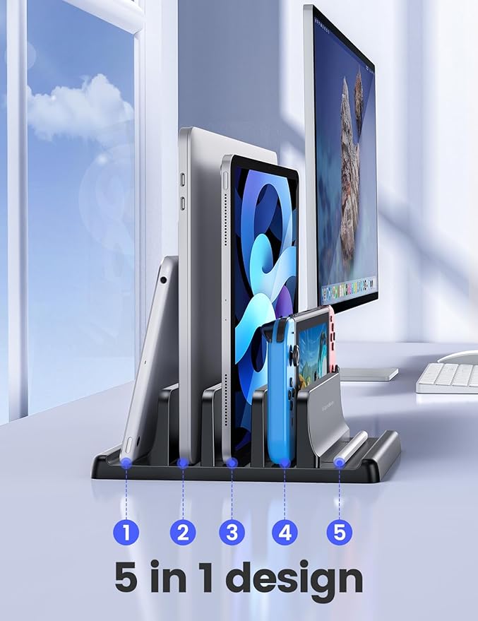 Vaydeer 3-Slot Vertical Laptop Stand Organizer, Laptop Storage Holder Made of Premium ABS Plastics 5 in 1 Design,Desktop Space-Saving Adjustable Desk Organizer for All MacBook/Chromebook/Surface