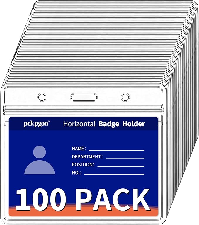 PCKPGON 100 Pack Horizontal ID Badge Holder, Clear Plastic Lanyard Key Card Holders, Work Name Tag Sleeve Badges Protector Cover with Waterproof Resealable Zipper for Nurses, Fits Credit Size Cards
