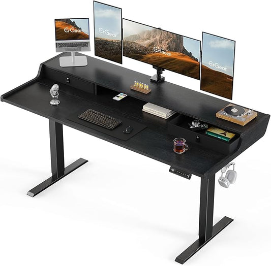 ErGear Electric Standing Desk with Drawers, 63″ x 28″ Gaming Table Compatible Monitor Stand, Stand up Desks, Home Office Height-Adjustable Desk with Storage Shelf, 4 Preset Heights, Black