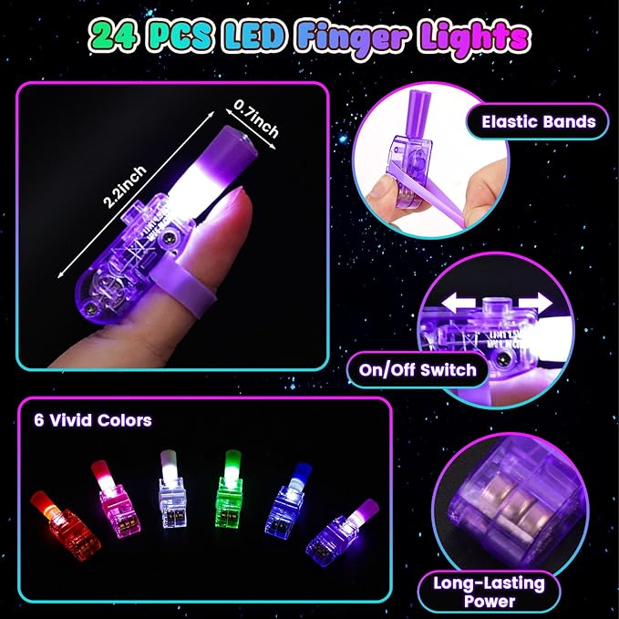 LovesTown 24PCS Space Themed Party Favors, LED Finger Lights for Kids Glow in The Dark Party Supplies for Birthday Goodie Bags Fillers Classroom Prizes