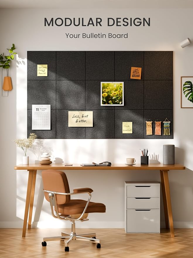 Bumusty Large Cork Board 36"x24" Alternative - 6 Pack Felt Wall Tiles with 40 Safe Removable Adhesive Tabs, 30 Pushpins, Cork Boards for Walls Pin Board Bulletin Board Office Decor (Charcoal Gray)