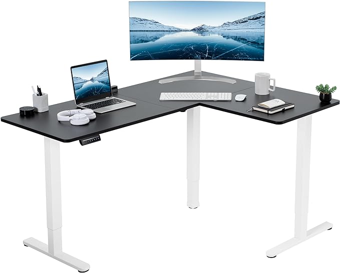 VIVO Electric Corner 63 x 47 inch L-Shaped Standing Desk, Memory Height Adjustment, Black Top White Frame, DESK-E3CTWB-47
