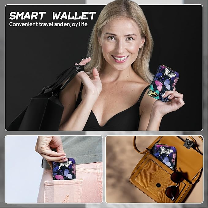 BWEGRHE Cute Credit Card Holder with Zipper, Color Butterfly RFID-Blocking Card Case Small Wallet for Women Men, Multi-slot Card Organizer Case Travel Accordion Wallet