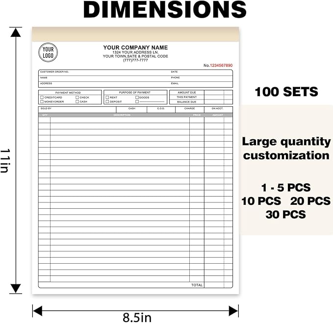 Custom Invoice Book with Logo 100 Set Personalized Receipt Books Customized Invoices for Small Business 2 - Parts Carbonless Duplicate Invoice Forms NCR Books