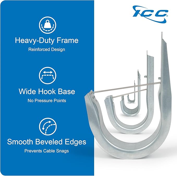 ICC 2-Inch Wall Mount J-Hook – 25-Pack, Cable Support Hooks with Retainer Clips, Galvanized Steel with Zinc Finish – for Structured Cabling and Cable Management