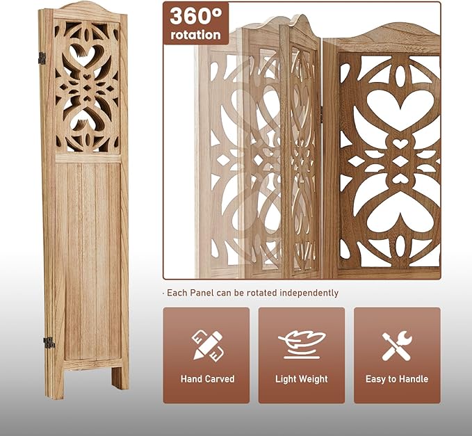 ALeesing 4 Panel Room Divider Fully Assembled, Carved Room Dividers and Folding Screens, 5.6Ft Wood Room Divider Screen Freestanding Partition Wall Dividers for Home Bedroom Office, Rustic Wood Color