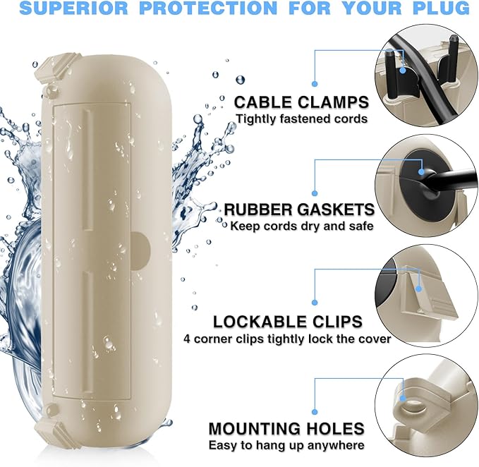 Flemoon [3 Pack] Outdoor Extension Cord Cover Waterproof, Weatherproof Electrical Connection Box for Straight Plug, Outlet, Socket, Halloween, Christmas Holiday Decoration String Light, Almond