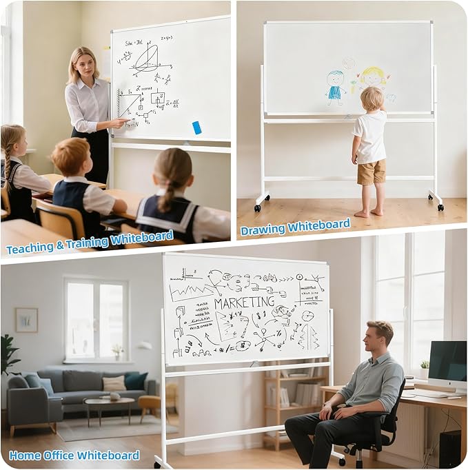 VOWNER Double-Sided Magnetic Whiteboard, 72" x 40" Large Mobile Dry Erase Board, Reversible Rolling White Board with Aluminum Frame & Stand, for Home Office, Classroom, School, White