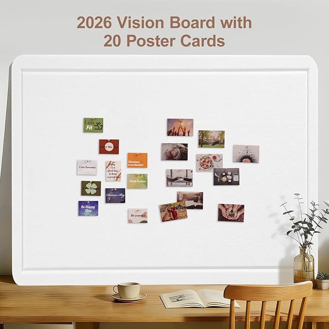 Large Vision Board 48x36, Thicken Felt Pin Board for Home Office Studio and Creative Planning with 20 Pushpins and 20 Postcards, White