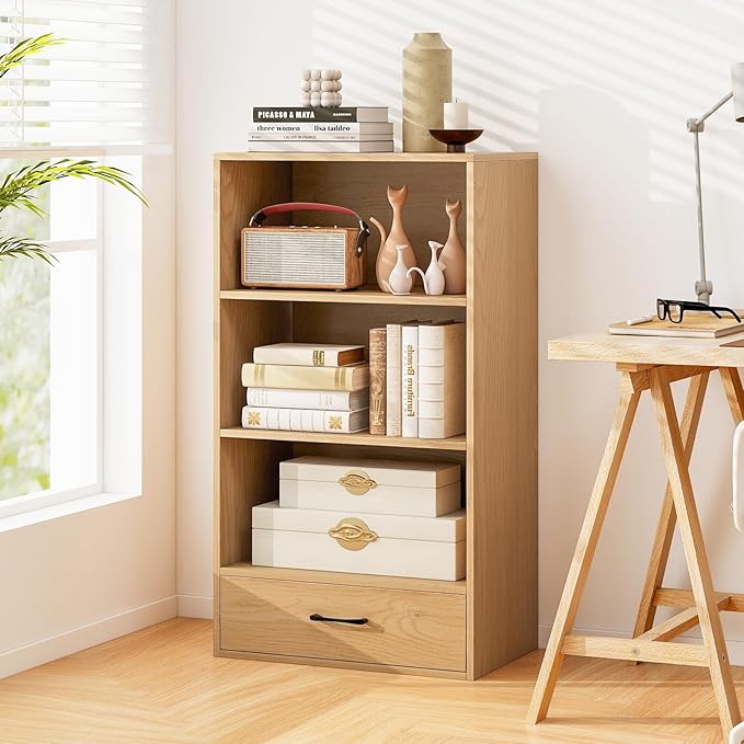LOKO 4-Tier Bookcase with Storage Drawer, Modern Organizer Display Storage Shelves with Anti-toppling Device, Freestanding Bookshelf w/ 3 Open Shelves & 1 Drawer, Living Room, Study, Office (Natural)