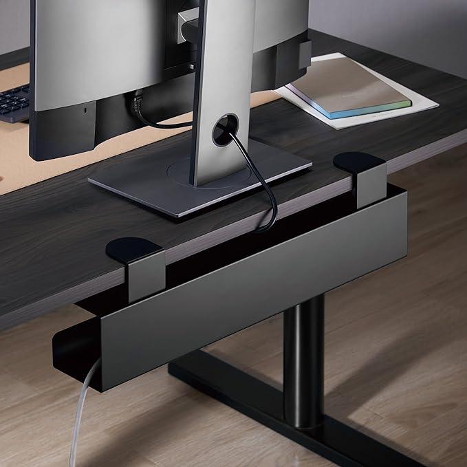 Mount-It! Under Desk Cable Management Tray – Clamp-On No-Drill Metal Cable Management Tray for Desk & Standing Desk, Wire & Cord Organizer for Power Strips, Glass Desks – 23.6” Black