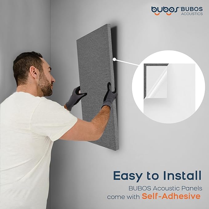 BUBOS 4 PCS Acoustic Panels,23.6''x11.8'' Fabric Soundproof Wall Panels,Self-adhesive Sound Absorbing Panels for Studios, Office, Home Theater,Fabric-Clad Grey