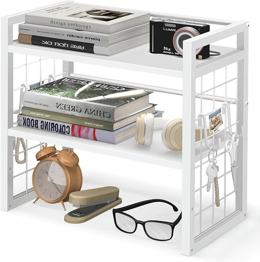 ELITEROO Desk Shelf Organizer, 2 Tier Wood Desktop Bookshelf Storage Rack, Freestanding Tabletop Organizer for Top of Desk, Office Supplies, Books & Decorations, White