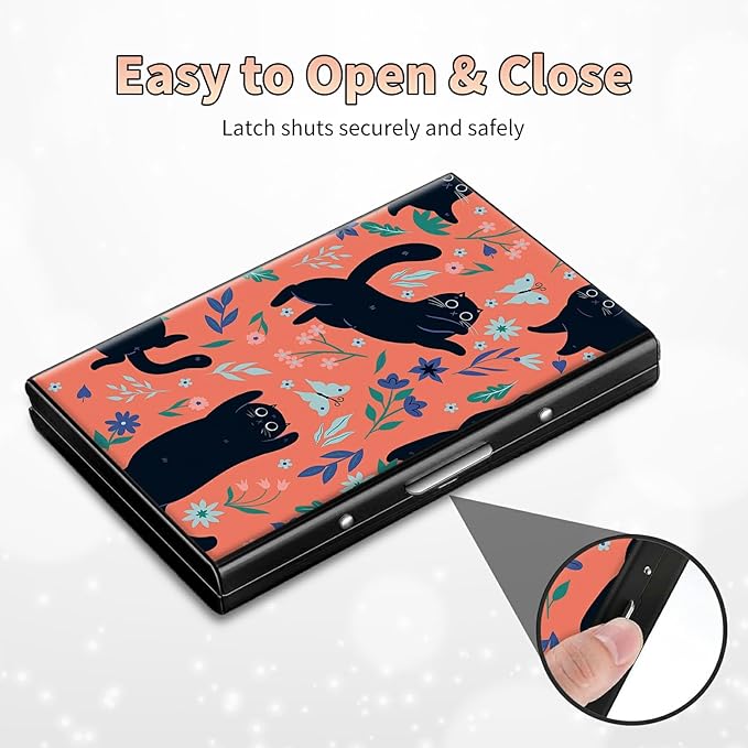 BWEGRHE Slim Credit Card Holder, Black Cat Flowers RFID Blocking Metal Wallet for Men & Women, Aluminum Minimalist Hard Case Pocket-Sized Business Cards Organizer (Fits Up to 10 Cards)