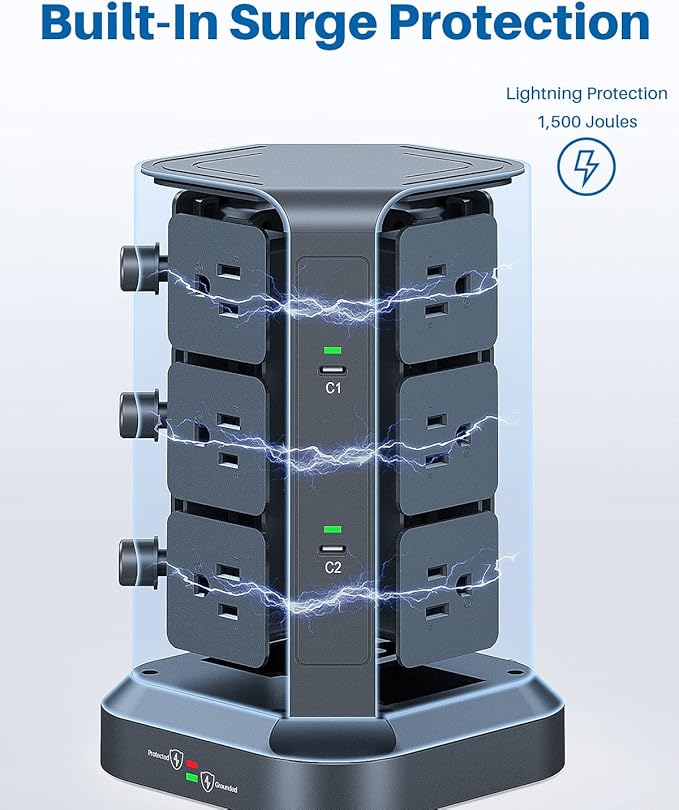 KOOSLA [65W] PD Power Strip Tower Surge Protector, USB C Desktop Charging Station with 12 Widely Spaced AC Outlets / 2 USB-C / 3 USB-A Ports, 6.5ft Heavy-Duty Extension Cord for Home Office Dorm