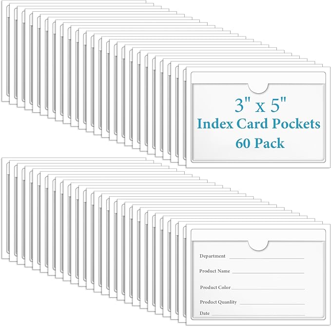 60 Pack 3" x 5" Index Card Pockets with Top Open Self-Adhesive Index Card Holders Clear Plastic Labels Holders for Storage Bins, Organizing