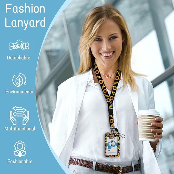 Lanyards for ID Badges Name Tags ID Card Holder,Sunflowers ID Badge Holder with Breakaway Lanyard, Cute Badge Reel Badge Clip Retractable, Women Teacher Nurse Student School Office Gifts, Sunflowers
