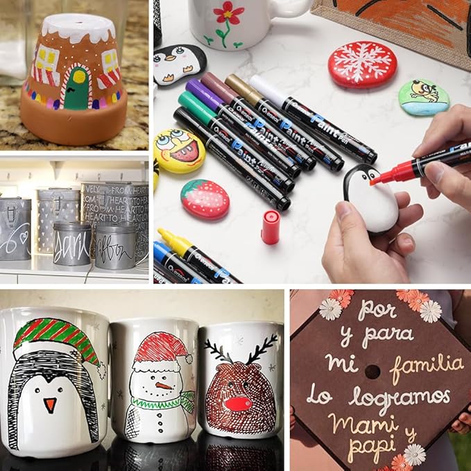Overseas White Paint Pens - Permanent Acrylic Paint Markers 12 Pack, Water-Based, Quick Dry, Waterproof Marker Pen for Rock, Wood, Plastic, Metal, Canvas, Glass, Fabric, Tire, Mugs. Medium Tip