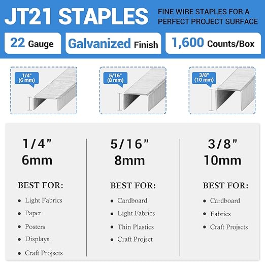 meite JT21 Staples, 5/16 Inch Galvanized Fine Wire Staples for Staple Gun - 7/16" Crown JT21 Staple Refill, Ideal for Upholstery, Crafts, Furniture (10 Packs)