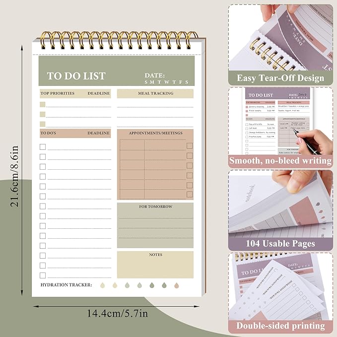 HAUTOCO 2 Packs to Do List Notepad, A5 to Do List Notebook for Work Undated Tear Off Daily Planner Notepad Task Checklist Organizer for Home Office School, Totally 208 Pages