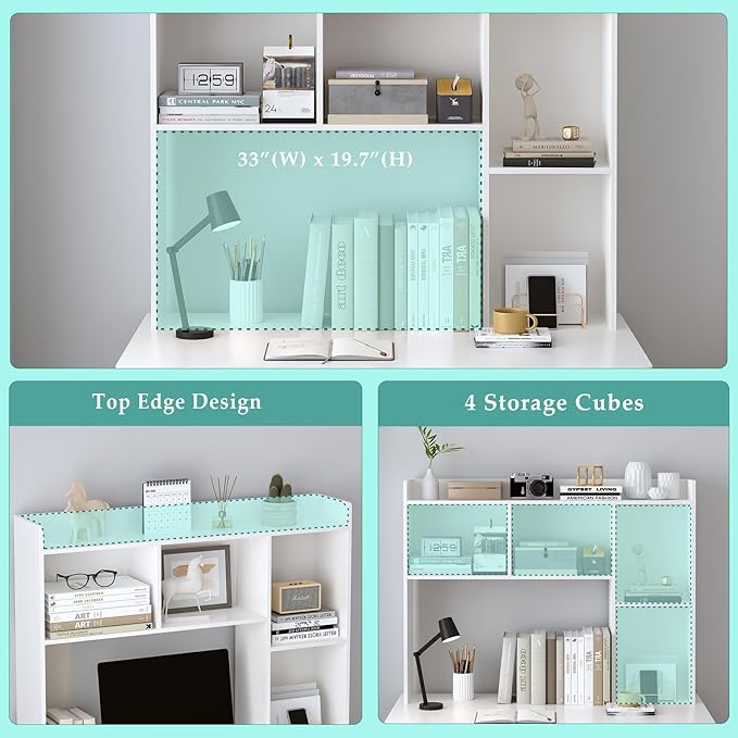 OSCHF Wooden Desktop Hutch Bookshelf - Free Standing Desk Storage Shelf with Top Edge for Computer Desk, Desktop Bookcase for Dorm, Home or Office, Countertop Organizer, White, 45.3"