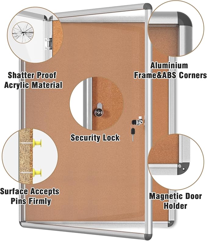 Mifuro 38"x28" Enclosed Bulletin Board, Lockable Weather-Resistant Aluminum Cork Noticeboard for School & Office, Silver Frame w/Cork