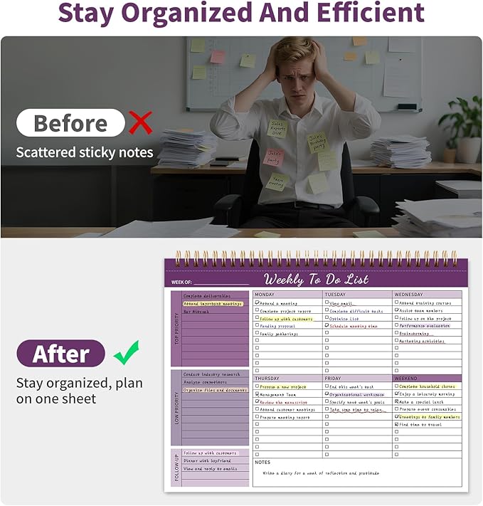 ALKALO Weekly To Do List Notepad, 52 Undated Sheets （8.5"×11") Duplex-Printed Weekly Desk Planner For Work Home School Office Desk Accessories Supplies & Goal Setting Tasks - Purple