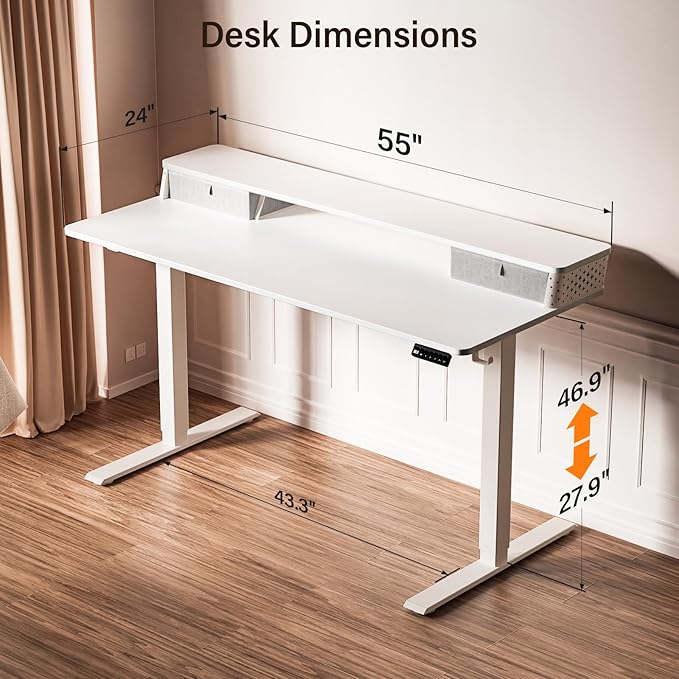 Kingant 55 x 24 Inch Electric Standing Desk with Dual Drawers, Height Adjustable Sit to Stand Computer Desk with Storage Shelf and C-Clamp Mount Compatibility for Home Office, White