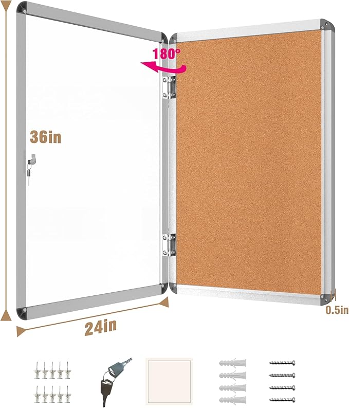 Mifuro 36"x24" Enclosed Bulletin Board, Lockable Weather-Resistant Aluminum Cork Noticeboard for School & Office, Silver Frame w/Cork