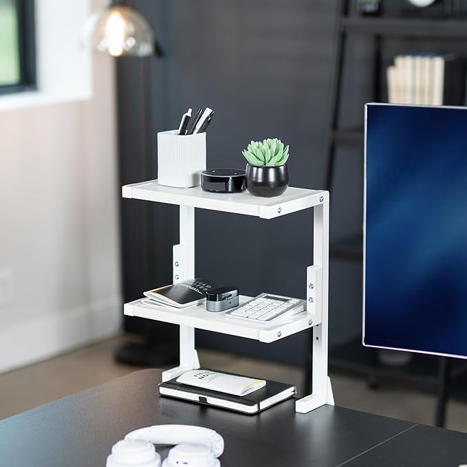 VIVO Clamp-on 13 inch Above or Below Desk 2-Tier Shelving Unit for Table Accessories, Gaming Devices, and More, Storage Tray, Desktop Organizer, White, STAND-SHELF2CW
