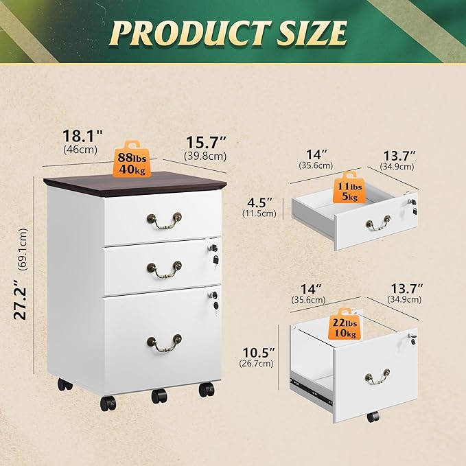 DEVAISE File Cabinet 3-Drawer, Small Office Furniture with Lock, Rolling Under Desk Filing Cabinet for Home Office, White