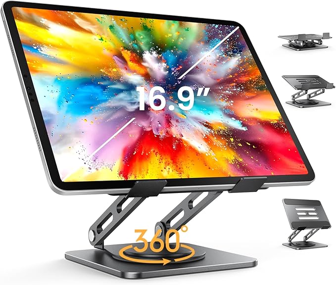 LOXP Adjustable Tablet Stand, 360 Rotating iPad Stand with Heavy-Duty Base, Tablet Holder Compatible with 4.0-16.9" Device, 2025 iPad Pro Air Mini, Kindle, Surface Tablet, Portable Monitors - Black