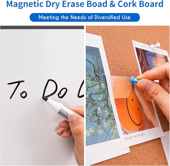 Magnetic White Board and Cork Board Combo, 24 X 18 inches Whiteboard Bulletin Combination Board, Wall Mounted Dry Erase Message Board for Home, School and Office, Black