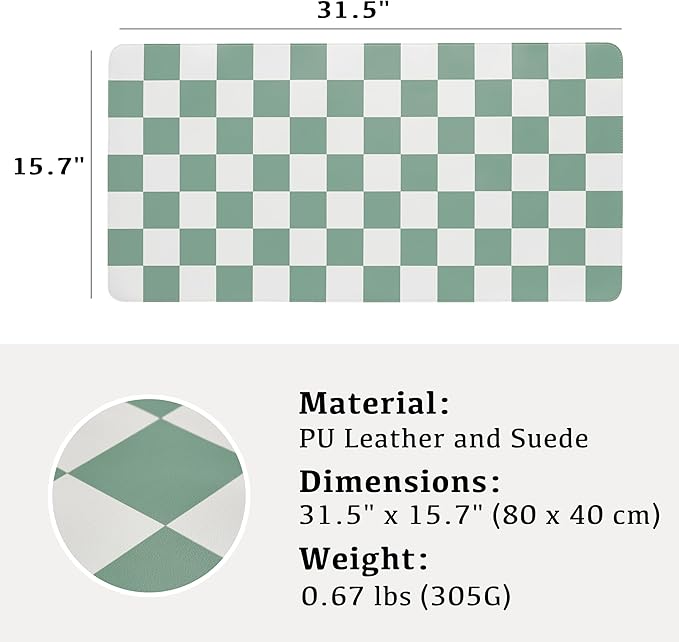 Ohocut Checkered Desk Mat, Large Cute Aesthetic Retro PU Leather Computer Laptop Desk Mat, Non-Slip Waterproof Mouse Keyboard Pad, Desk Writing Mat for Work/Home (Sage, 31.5" x 15.7")