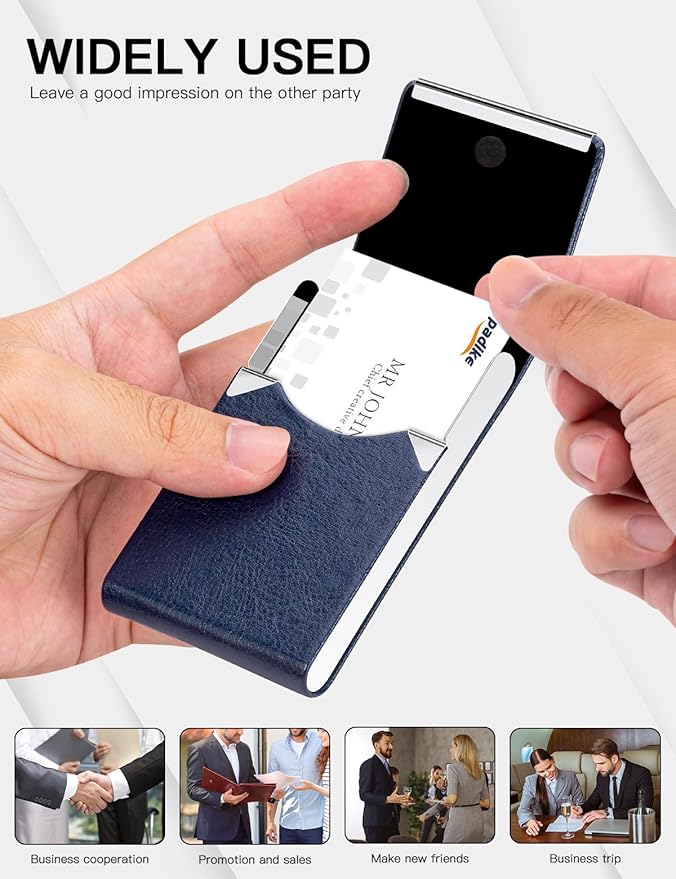 Padike Professional Business Card Holder PU Leather Business Card Case Name Card Holder Slim Metal Pocket Card Holder with Magnetic Shut (Z-Blue)
