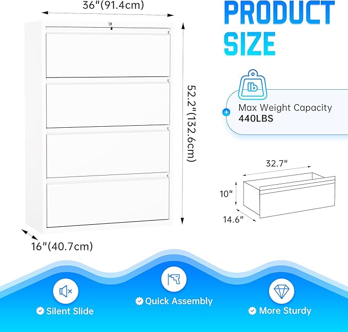 Greenvelly 4 Drawer File Cabinet, Metal Filing Cabinet with Lock, White Lateral File Cabinet for Home Office, Locking File Cabinet for Letter/Legal/F4/A4 Size Hanging Files, Easy Assembly
