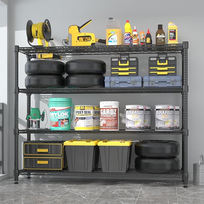 Homdox 4 Tier Heavy Duty Metal Wire Shelving with Wheels, 2400 lbs Capacity Garage Storage Rack, Rolling Industrial Storage, Adjustable Commercial Shelves for Kitchen, Warehouse, 18"x60"x72", Black