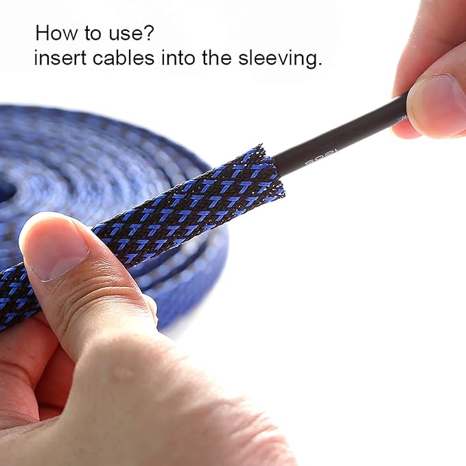 100ft - 1/2 inch PET Expandable Braided Sleeving – BlackBlue – Alex Tech Braided Cable Sleeve