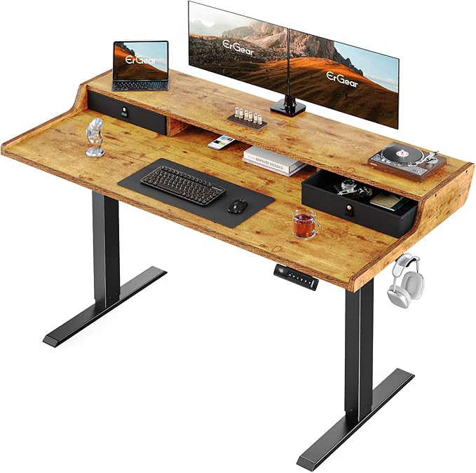 ErGear Electric Standing Desk with Drawers, 48″ x 24″ Gaming Table Compatible Monitor Stand, Stand up Desks, Home Office Height-Adjustable Desk with Storage Shelf, 4 Preset Heights, Vintage Brown