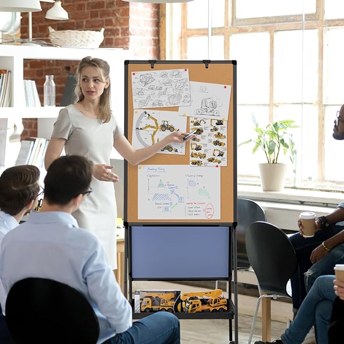 MAKELLO Rolling White Board on Wheels 36x24 in, Double-Side Standing Whiteboard Cork Board Combo with Storage Tray for Office Classroom Commerce, Height Adjustable, Aluminum Frame, 3'x2'