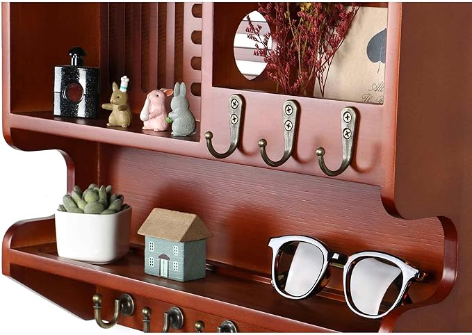 Mutsault Key Holder for Wall, Mail and Key Holder for Home Decor, Key and Mail Holder for Wall with Key Hooks, Auburn