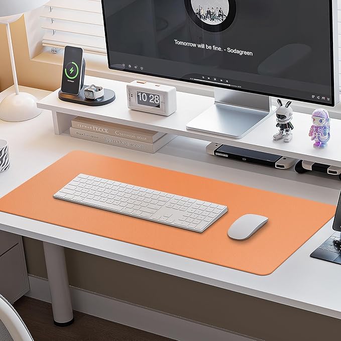 Boutilon Leather Desk Pad Protector,Non-Slip Mouse Pad,Laptop Desk Pad,Office Mouse Mat,Waterproof Leather Desk Blotter,Desk Writing Pad for Office and Home (S-Orange,24"x 14")