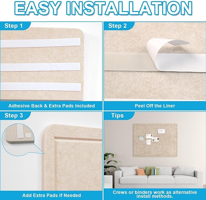 Large Felt Bulletin Board for Wall, 24"x18" Frameless Picture Board, Soft Felt Cork Board for Office, Home Planning & Office Wall Decor, Easy Install Pin Board
