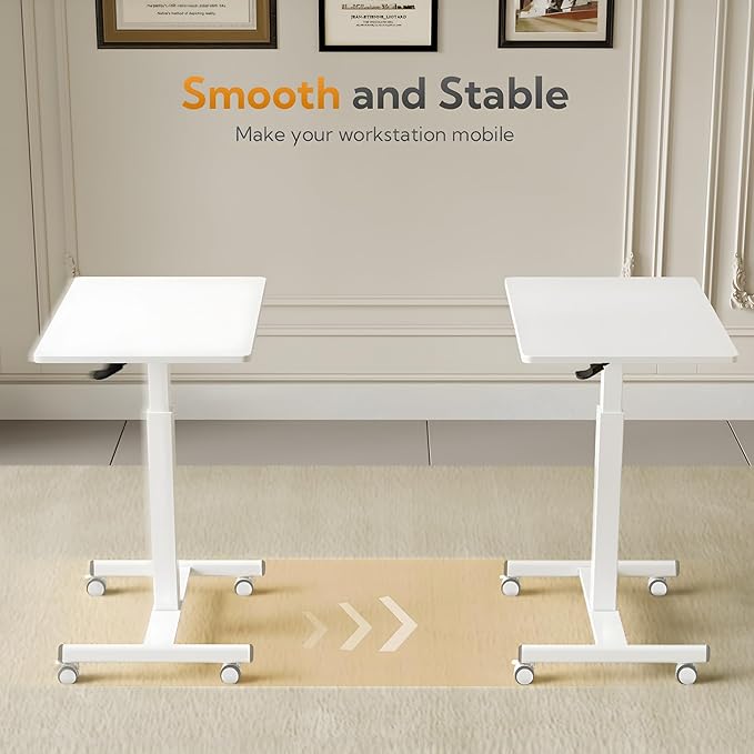 YDN Mobile Mobile Standing Desk, Adjustable Height Portable Laptop Desk with Lockable Wheels, 25.5" x 18.8" Rolling Desk with Hook for Computer Workstation, White