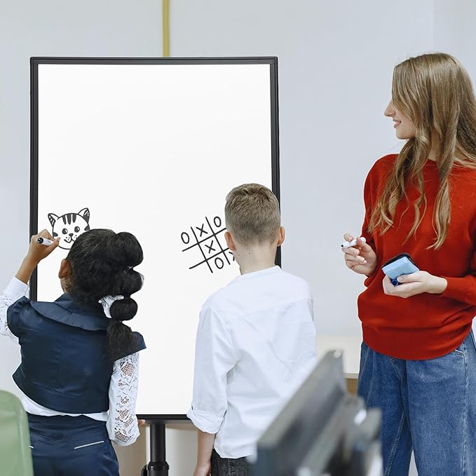 TSJ OFFICE Mobile Whiteboard Standing - 36 X 24 Inches Magnetic Rolling White Board, Height Adjustable Dry Erase Board on Wheels with Flip Chart Hooks, Black