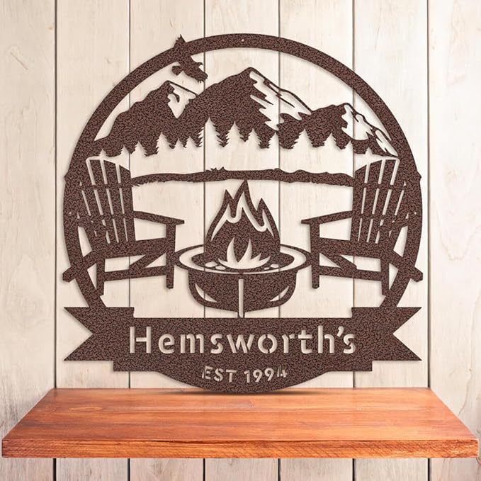 RealSteel Personalized Mountain Campfire Monogram Metal Sign – Custom Family Name Rustic Wall Art for Cabin, Campground, RV & Backyard Fire Pit – Outdoor Camping Décor – Unique Personalized Gift – USA
